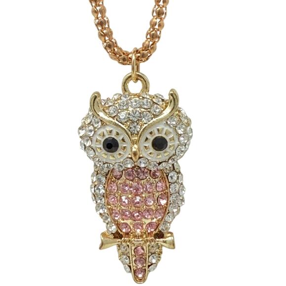Sparkling Pink and White Crystal Owl Pendant on a Gold Chain Necklace 16" - Picture 1 of 4